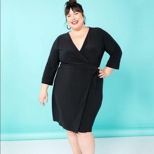 Remade Black Cross-Over Wrap Dress 2X PLUS Flare Sleeve Stretch Flattering Fit